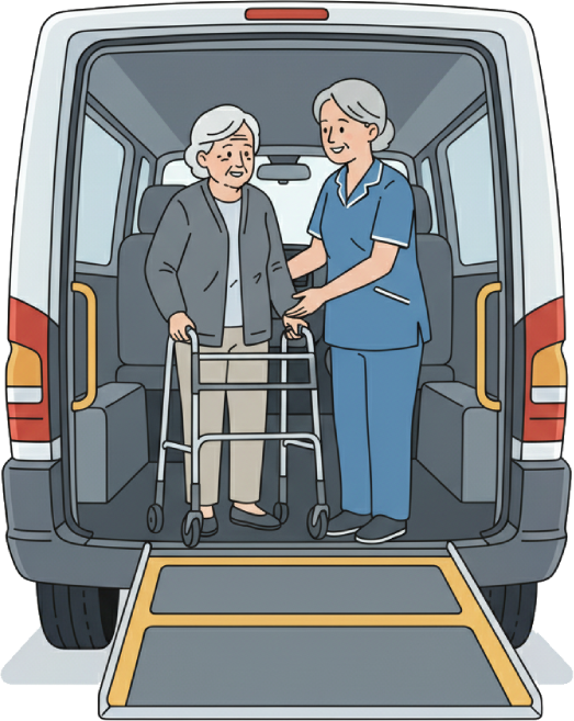 Transport care illustration showing driver helping elderly passenger